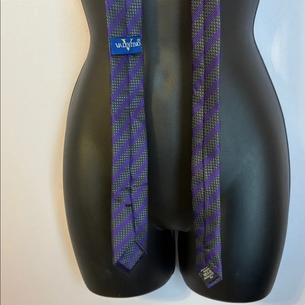 Valentino Gray Silver Purple Striped Thin Textured Necktie Tie